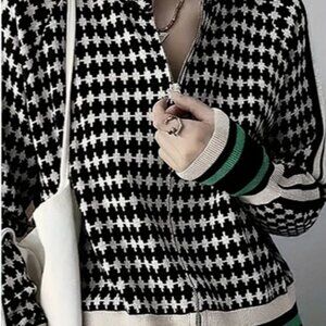 Stylish Houndstooth Zip up Washable Sweater SM